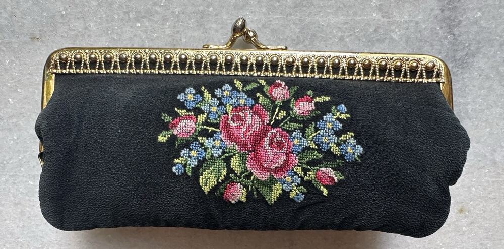 Vintage Soft Glasses Case Women’s Black With Flowers Gold Accent Clasp